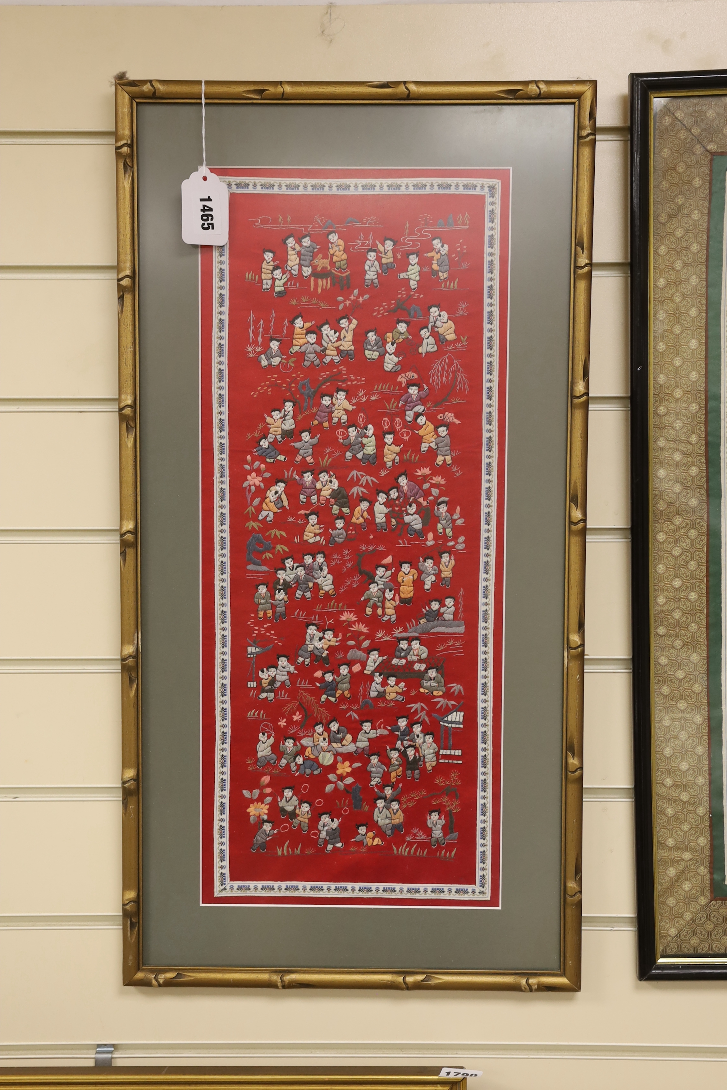 Three framed Chinese mid 20th century figurative embroideries, 21cm x 51cm